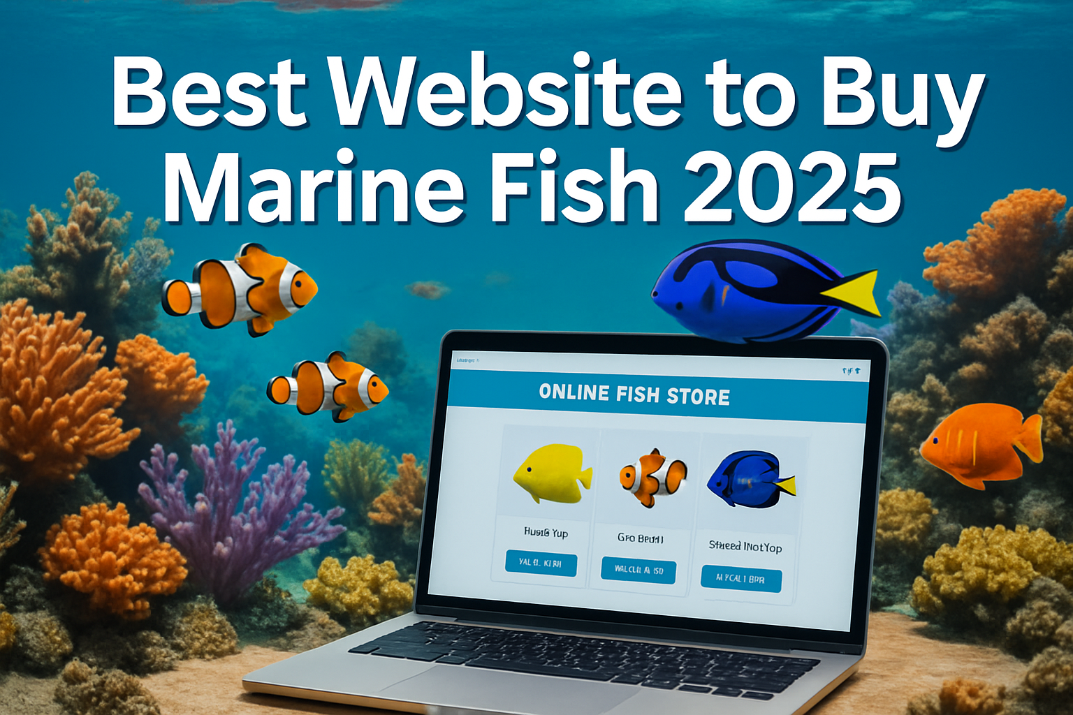 Professional landscape hero image (1536x1024) featuring bold text overlay 'Best Website to Buy Marine Fish 2025' in extra large 72pt white s