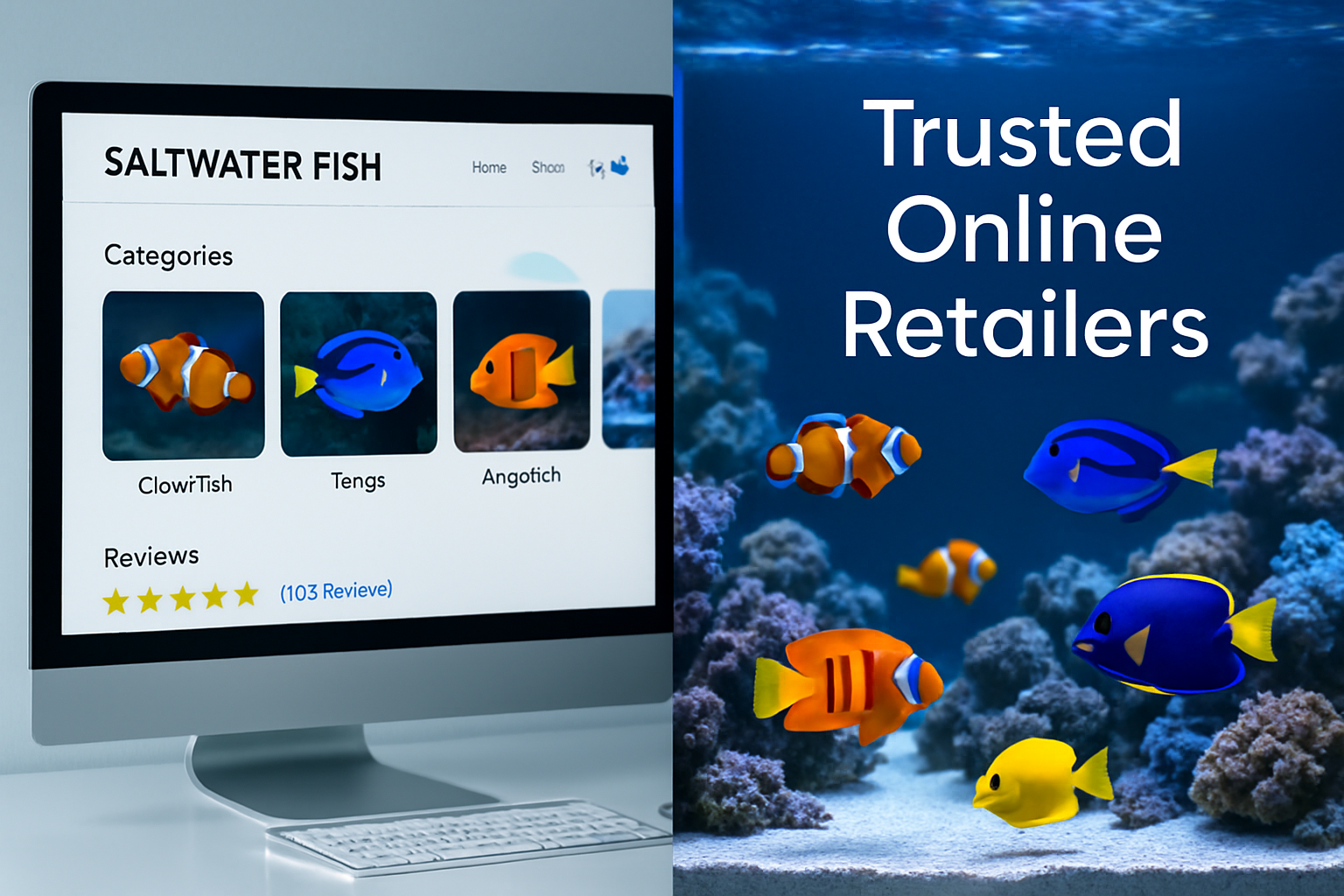 Detailed landscape image (1536x1024) showing split-screen composition of top online marine fish retailers. Left side displays computer monit