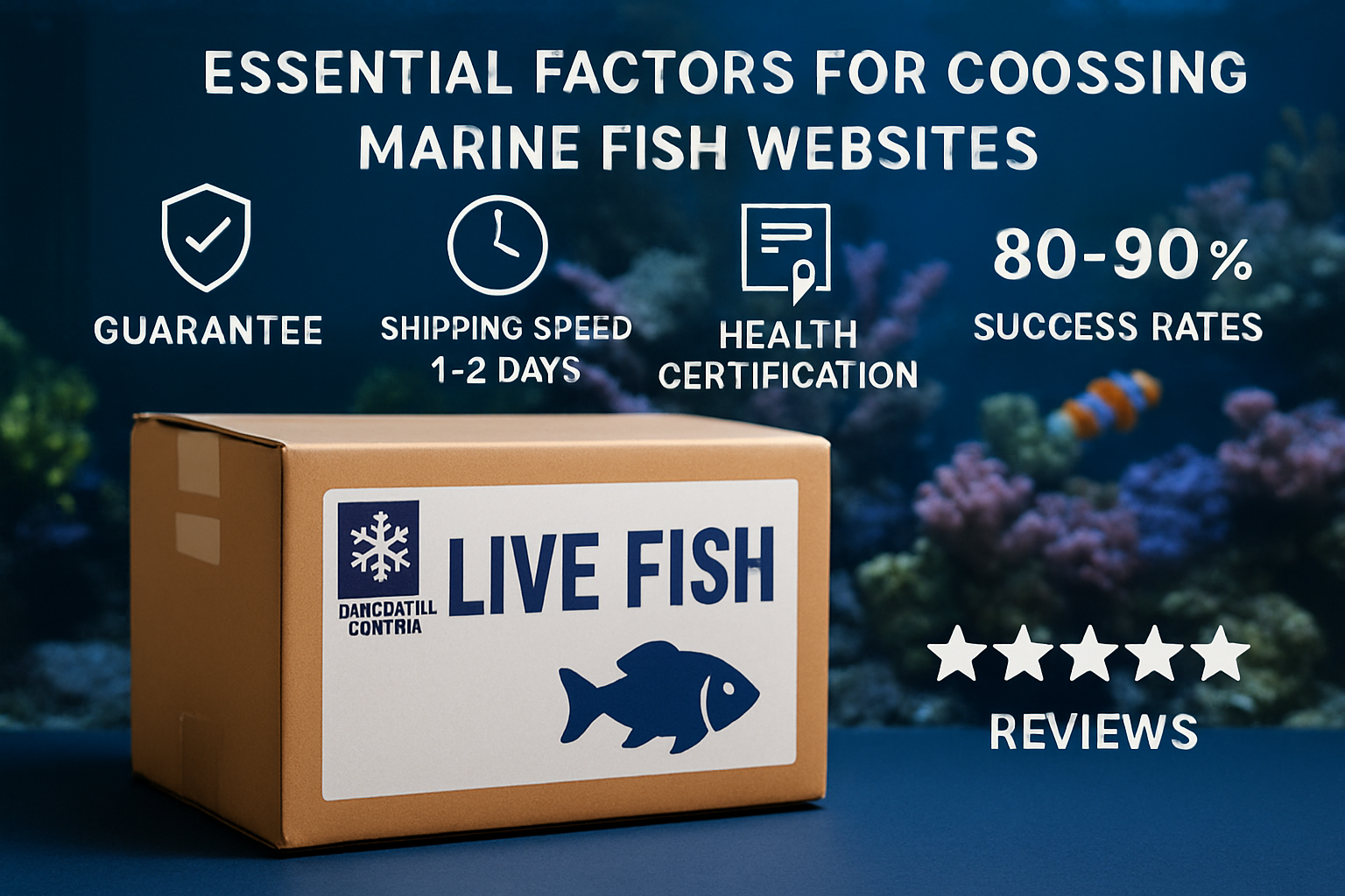 Professional landscape image (1536x1024) depicting essential factors for choosing marine fish websites. Central focus on shipping box with '