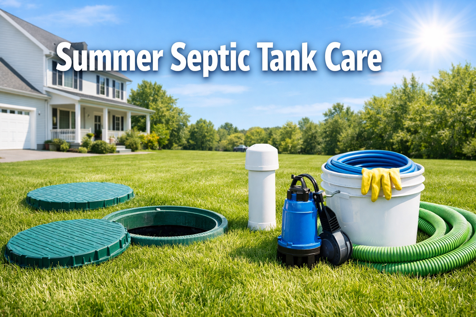 Professional landscape format (1536x1024) hero image with bold text overlay 'Summer Septic Tank Care' in 70pt white sans-serif font with dar