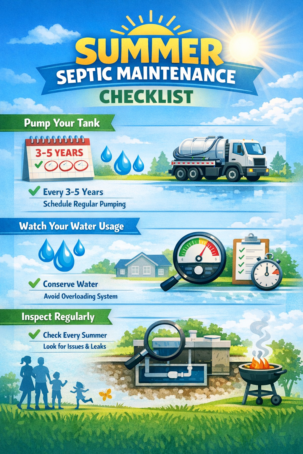 Portrait format (1024x1536) infographic showing summer septic maintenance checklist with icons for pumping schedule, water usage monitoring,