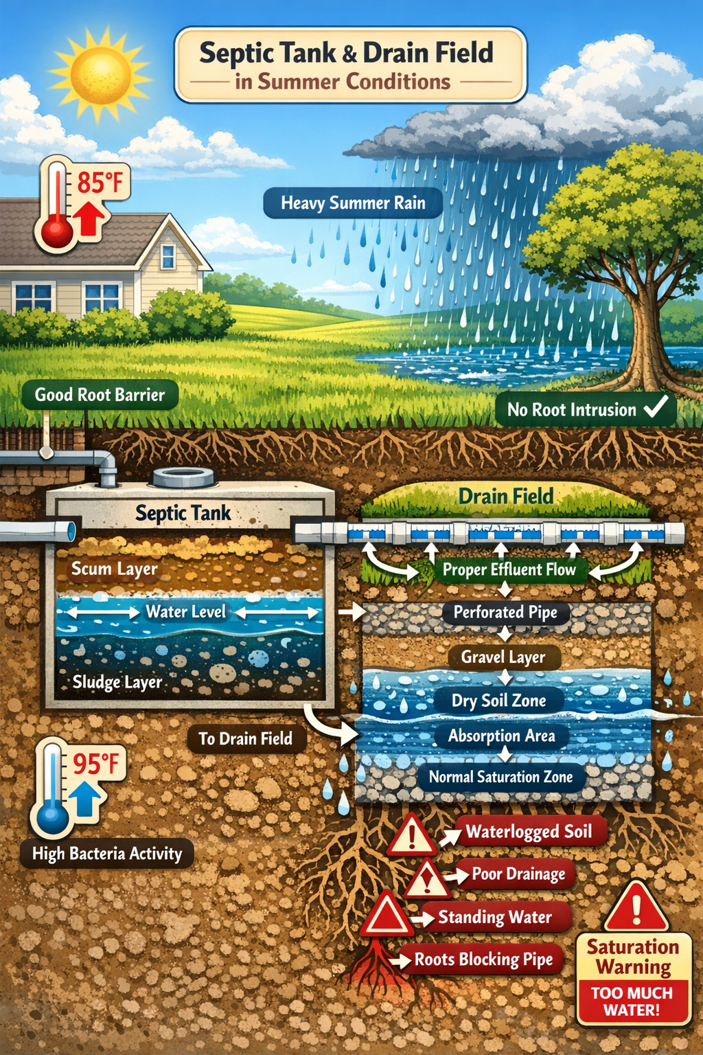 Portrait format (1024x1536) detailed cross-section illustration of septic tank and drain field during summer conditions. Shows proper water 