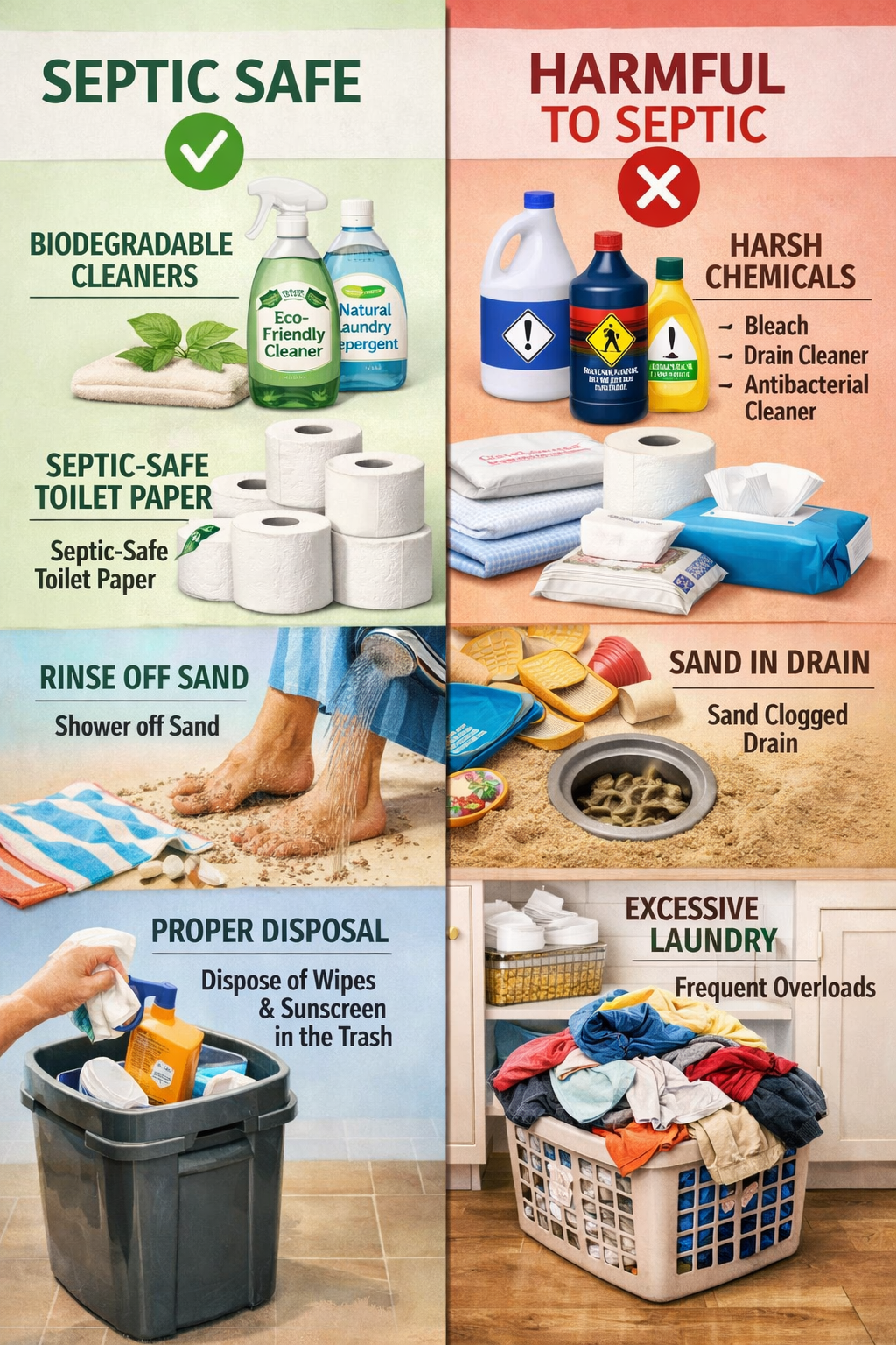 Portrait format (1024x1536) comparison visual showing septic-safe vs harmful summer products. Split-screen layout featuring biodegradable cl