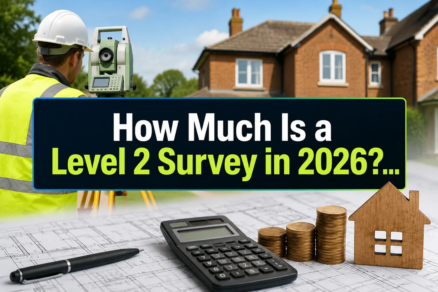 A reading "How Much Is a Level 2 Survey in 2026?…". CRITICAL TYPOGRAPHY RULES: render the text on 1–2 lines, centered, with