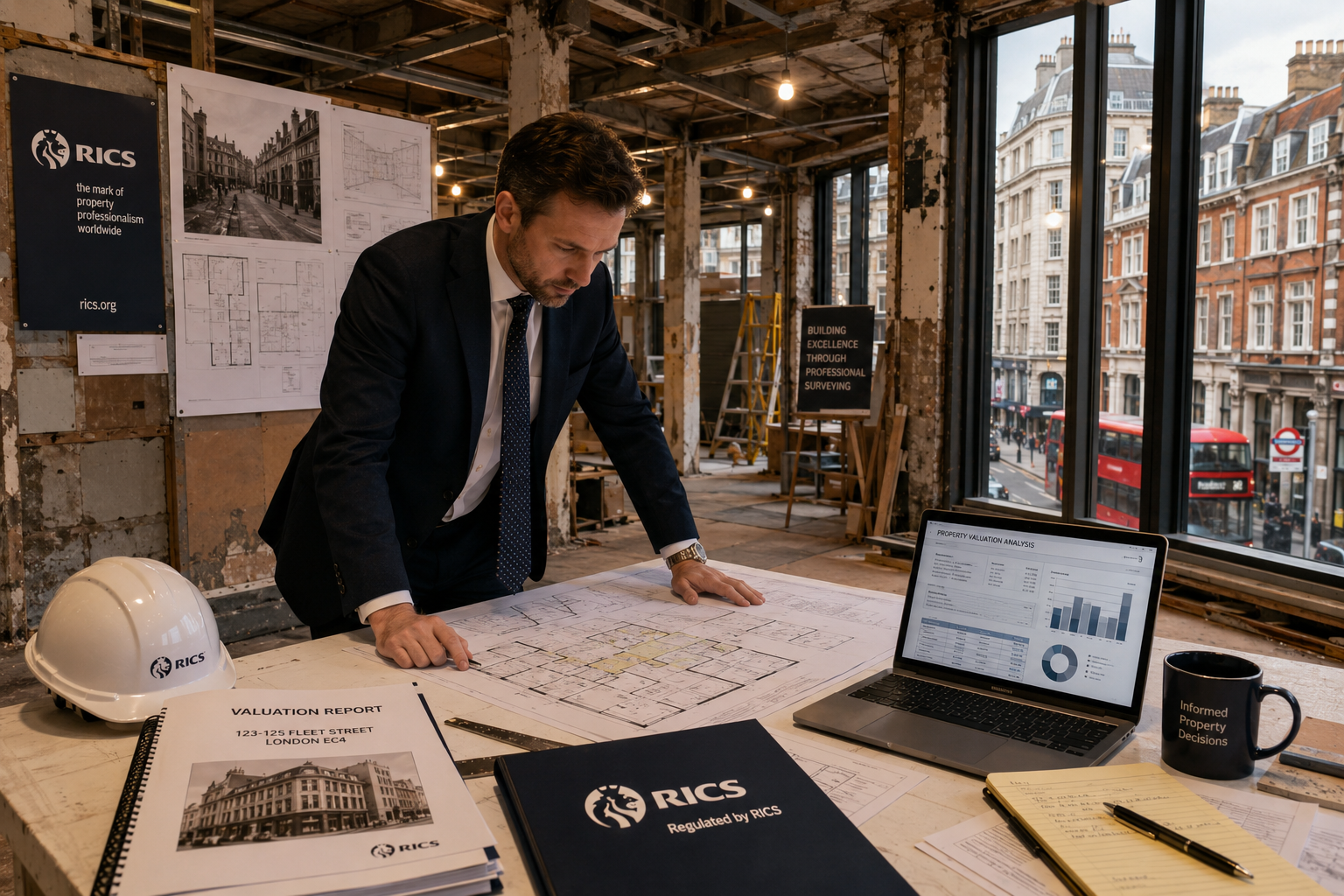 Wide-angle interior shot of a London office building mid-conversion showing exposed structural beams, architectural drawings