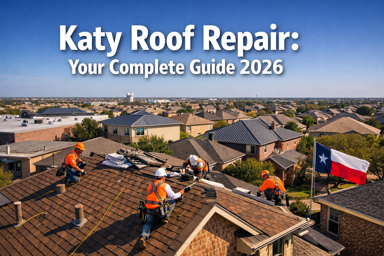 Professional landscape hero image (1536x1024) featuring bold text overlay 'Katy Roof Repair: Your Complete Guide 2026' in extra large 70pt w