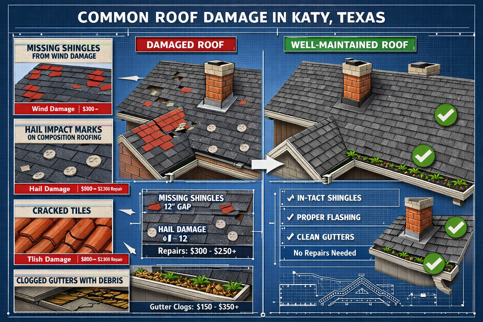 Detailed infographic showing common roof damage types in Katy, Texas with labeled illustrations: missing shingles from wind damage, hail imp