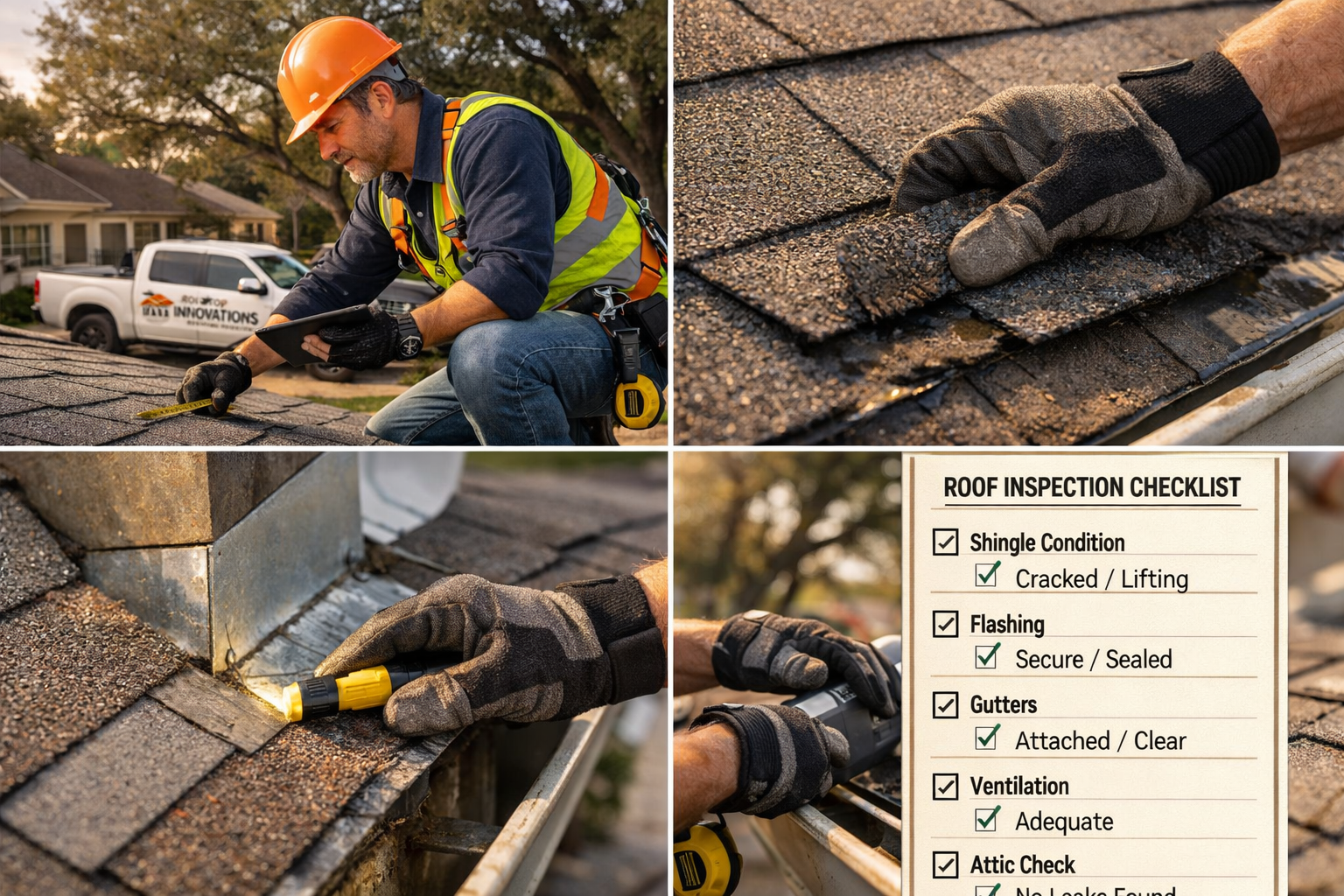 Professional roofing contractor in safety gear performing detailed roof inspection on Katy home, using tablet and measuring tools. Close-up 