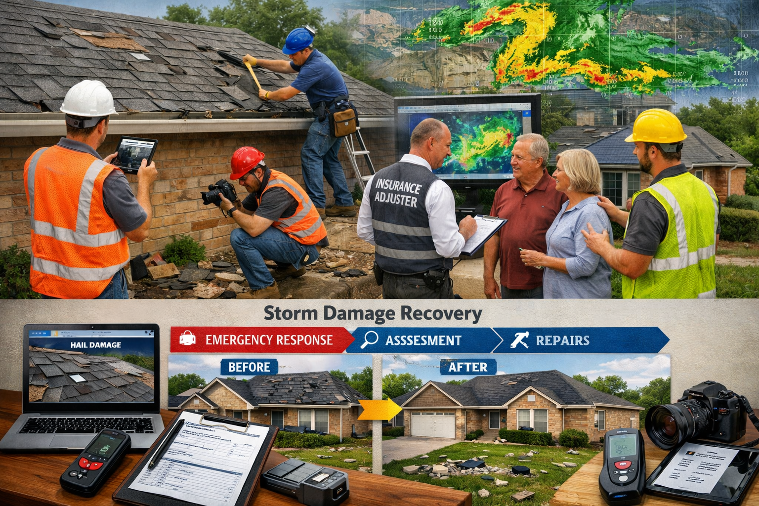 Storm damage assessment scene in Katy, Texas showing professional roofing team documenting hail and wind damage with tablets and cameras. Da