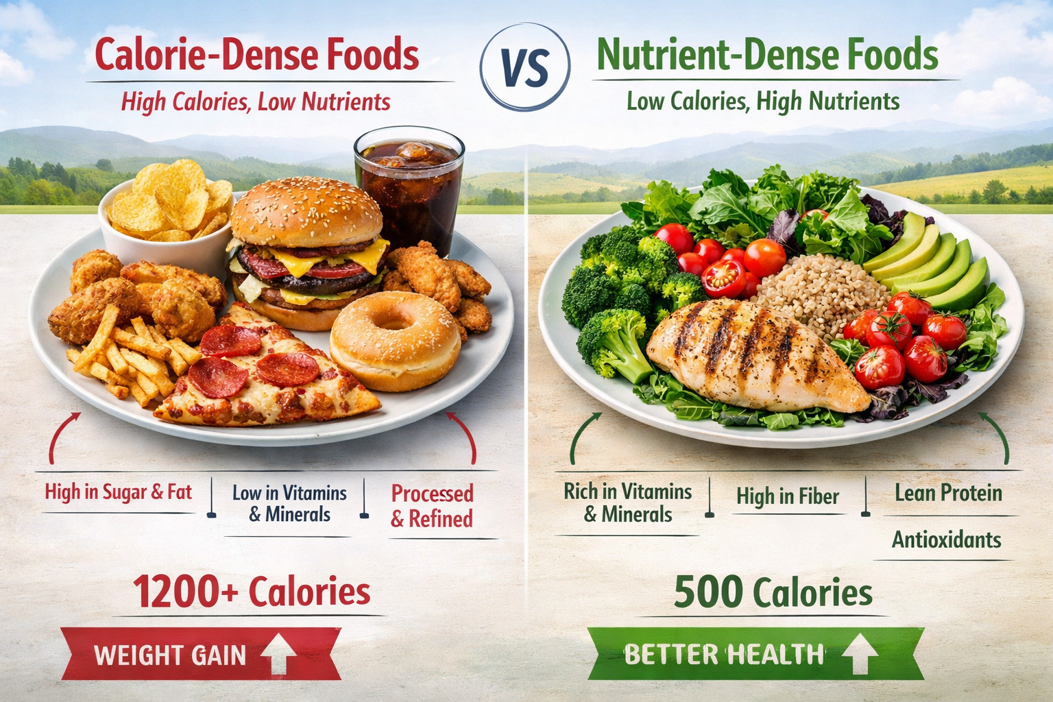 Detailed landscape infographic (1536x1024) showing visual comparison of calorie-dense versus nutrient-dense foods with side-by-side plates.