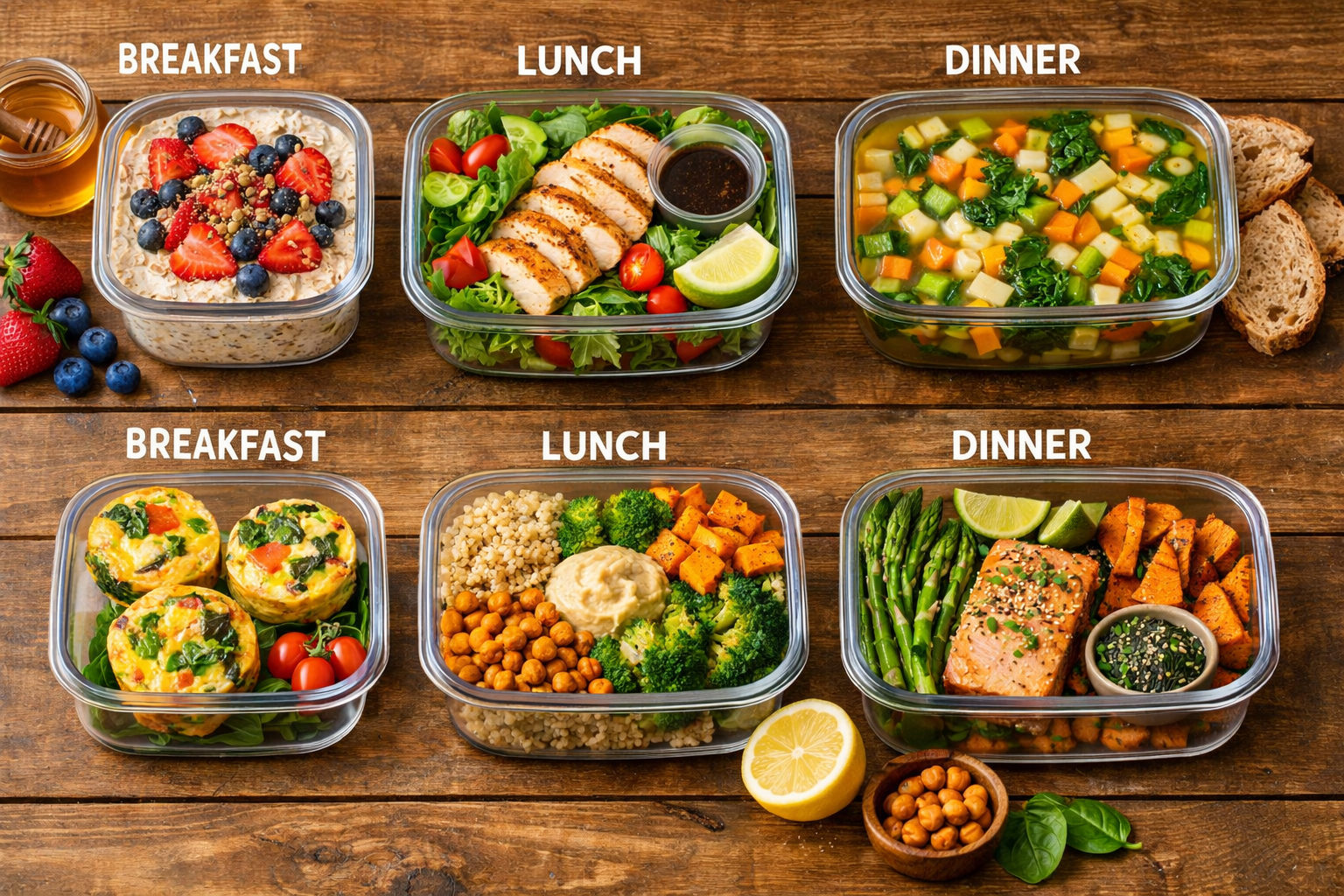 Professional landscape food photography (1536x1024) displaying seven different healthy meals arranged in meal prep containers on wooden tabl