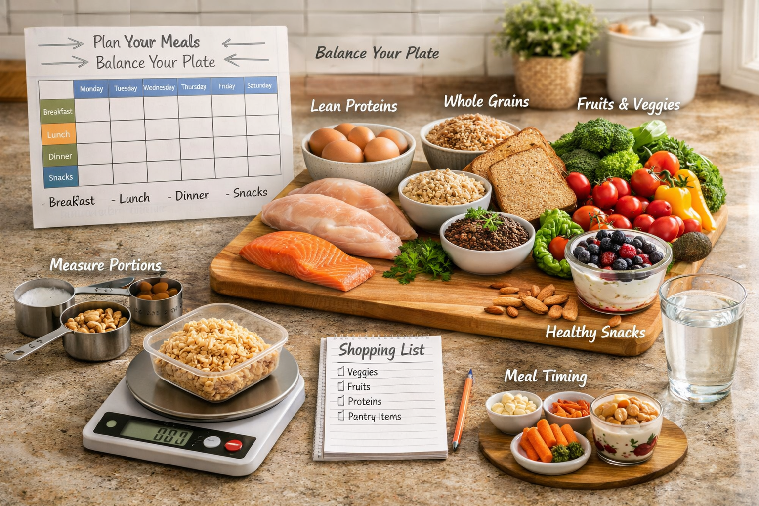 Detailed landscape composition (1536x1024) showing weekly meal planning concept with calendar grid, shopping list notepad, fresh ingredients