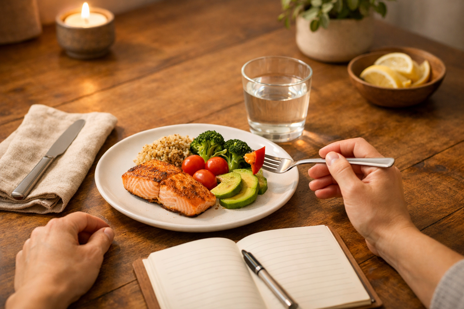 Landscape lifestyle image (1536x1024) depicting mindful eating concept with single plated healthy meal on dining table, person's hands visib