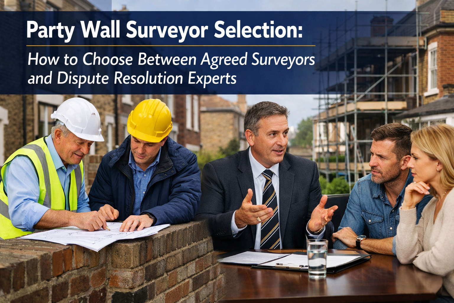 Professional landscape format (1536x1024) hero image featuring bold text overlay 'Party Wall Surveyor Selection: How to Choose Between Agree