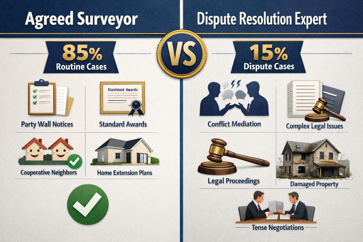 Landscape format (1536x1024) detailed comparison infographic showing two distinct surveyor types side-by-side. Left panel: 'Agreed Surveyor'