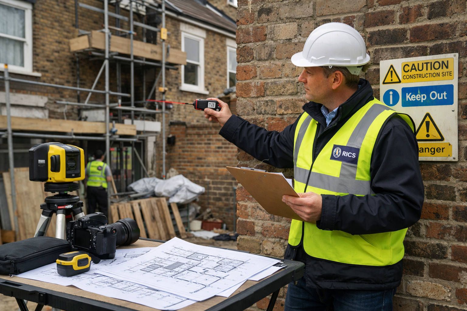 Landscape format (1536x1024) professional scene showing qualified party wall surveyor conducting site inspection at London terraced house bo