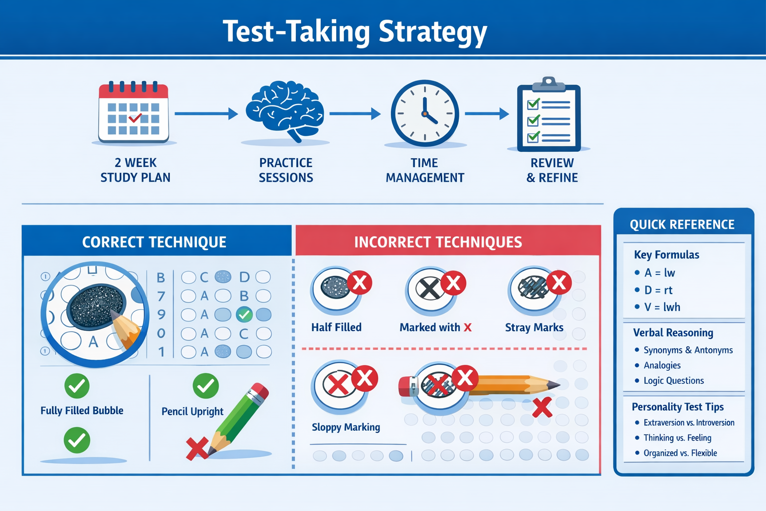 Landscape format (1536x1024) comprehensive visual guide showing test-taking strategy timeline and tips. Top half displays chronological prep