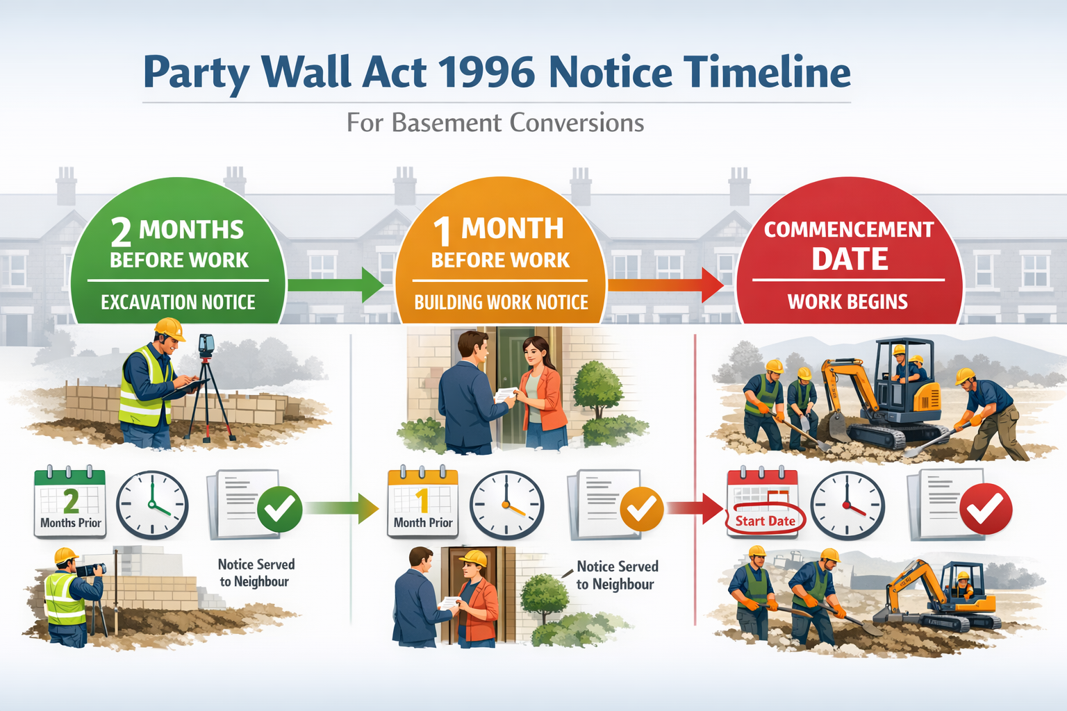 () detailed infographic showing Party Wall Act 1996 notice timeline for basement conversions. Visual features horizontal