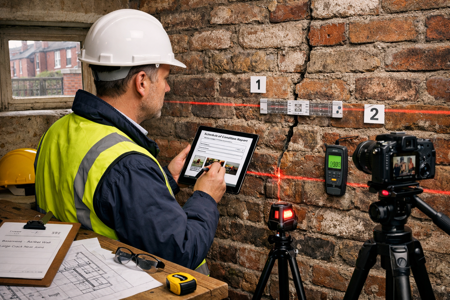 () professional photograph showing qualified party wall surveyor in hard hat and high-visibility vest conducting Schedule of