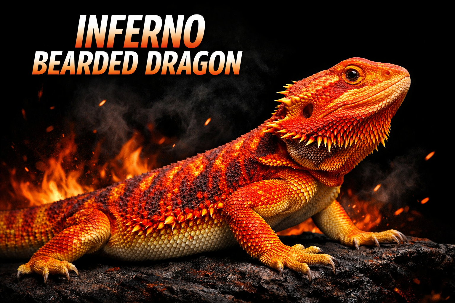 Professional landscape format (1536x1024) hero image featuring a stunning inferno bearded dragon with vibrant red, orange, and yellow colora
