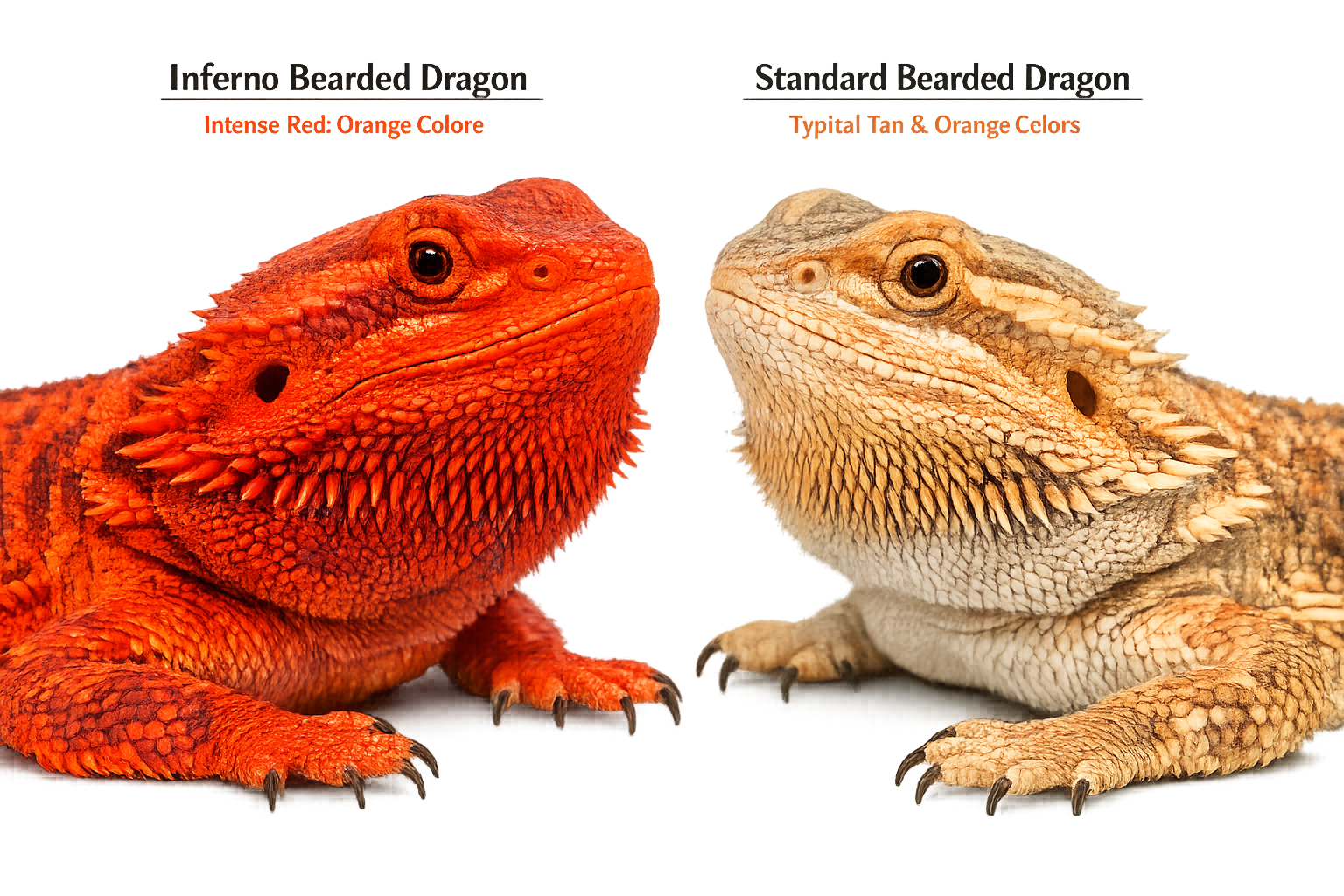 Detailed landscape format (1536x1024) image showing close-up comparison of inferno bearded dragon next to standard morph, highlighting the i