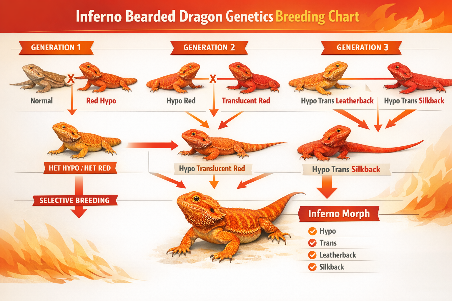 Landscape format (1536x1024) infographic-style image showing inferno bearded dragon genetics breeding chart with multiple generations, color