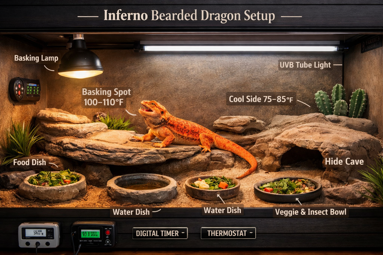 Professional landscape format (1536x1024) image of complete inferno bearded dragon terrarium setup showing proper basking lights, UVB fixtur