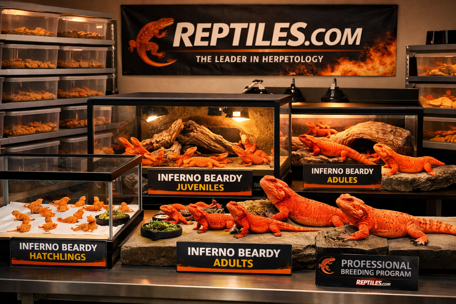 Landscape format (1536x1024) professional breeding facility image showing healthy inferno bearded dragon babies, juveniles, and adults in cl