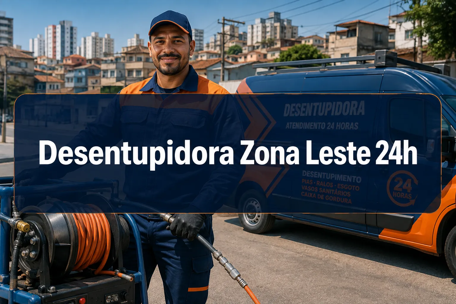 Professional () hero image with (≤42 chars): 'Desentupidora Zona Leste 24h', white on a deep navy semi-transparent panel