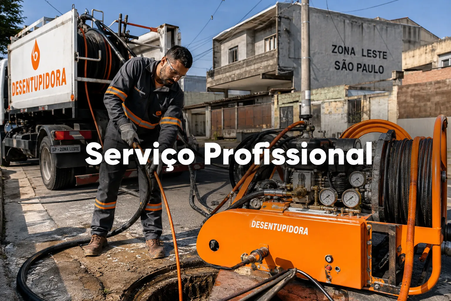 Editorial () bright daylight photograph of a uniformed Brazilian male technician operating a large industrial desentupimento