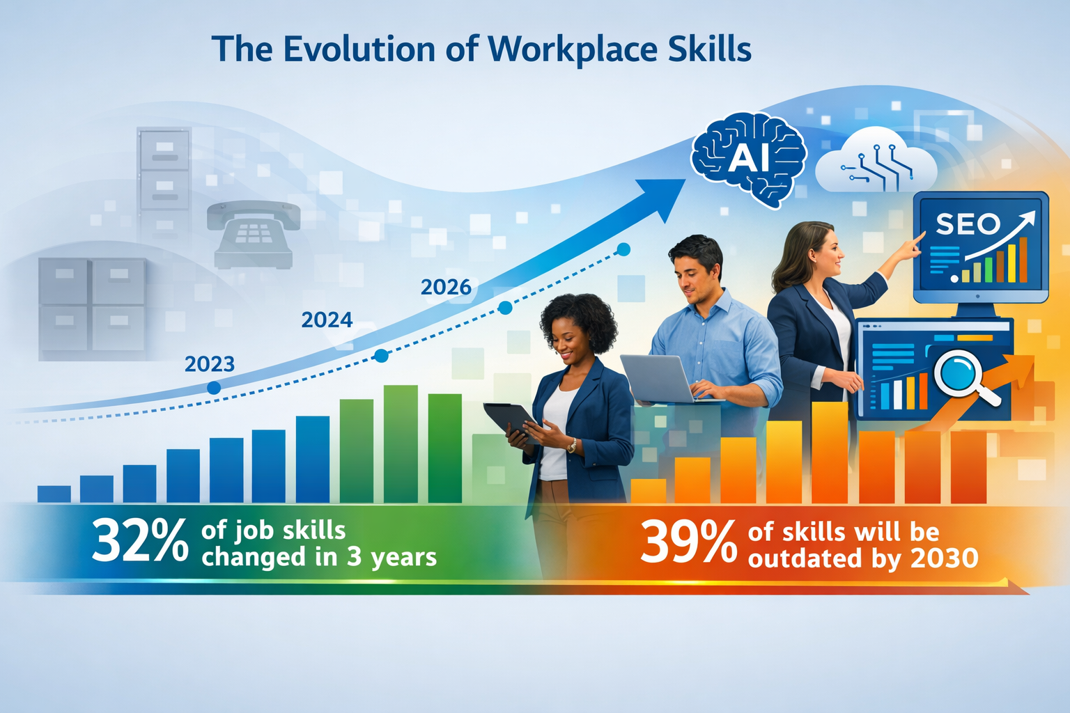Landscape format (1536x1024) infographic-style image showing the evolution of workplace skills from 2023 to 2030, featuring a timeline with 