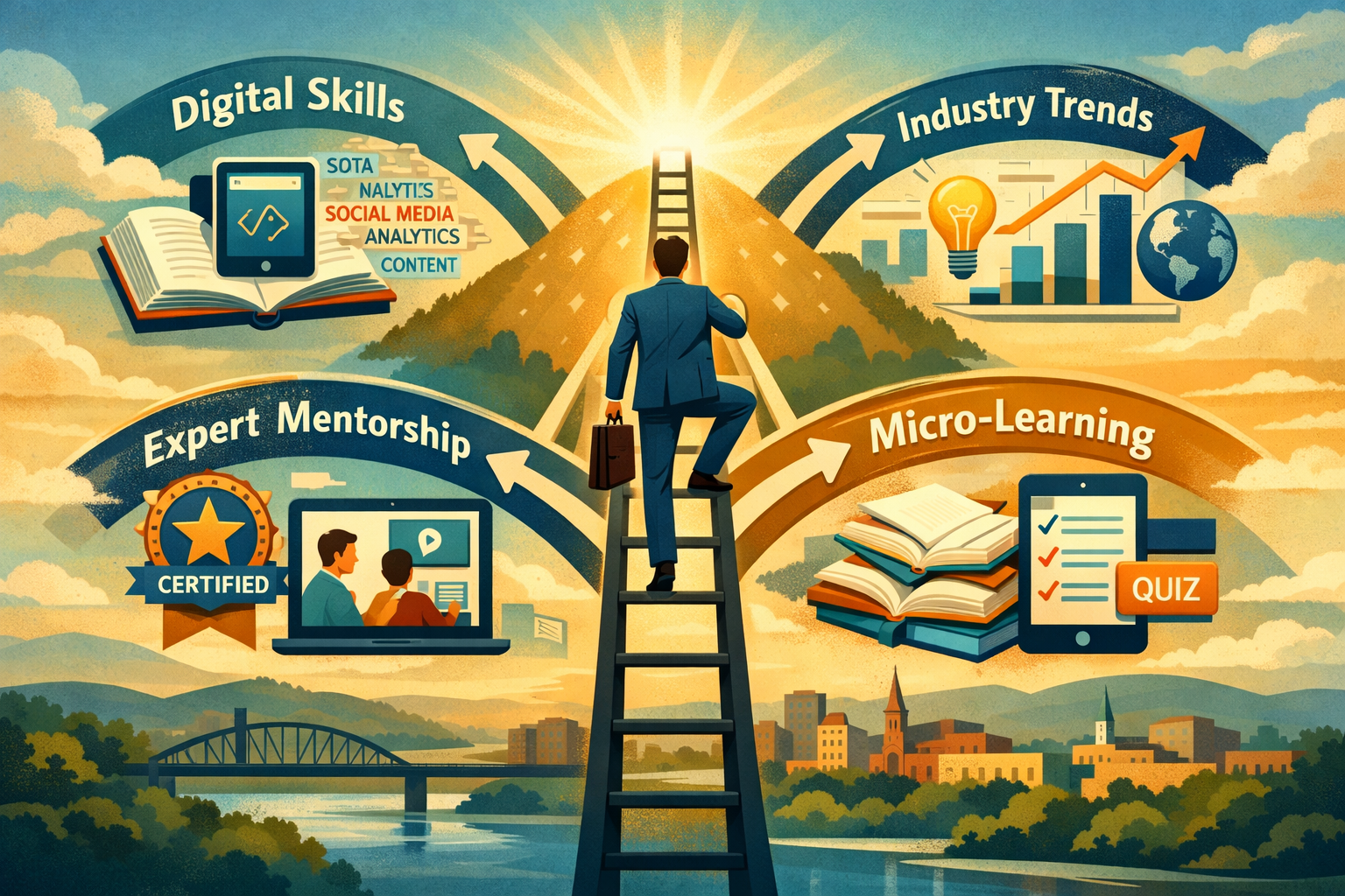 Landscape format (1536x1024) conceptual image depicting multiple pathways to career advancement through lifelong learning. Central figure cl