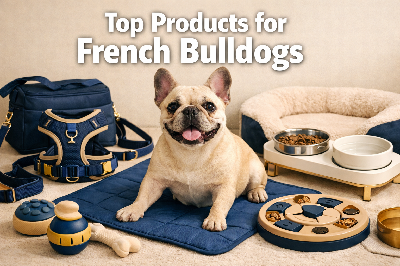 Professional landscape hero image (1536x1024) featuring bold text overlay 'Top Products for French Bulldogs' in extra large 72pt white sans-