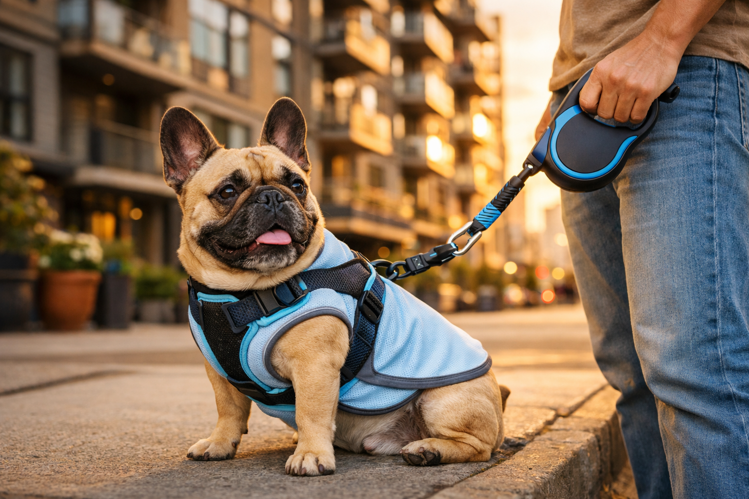 Detailed lifestyle image showing French Bulldog wearing breathable harness and cooling vest on urban sidewalk, with owner holding retractabl