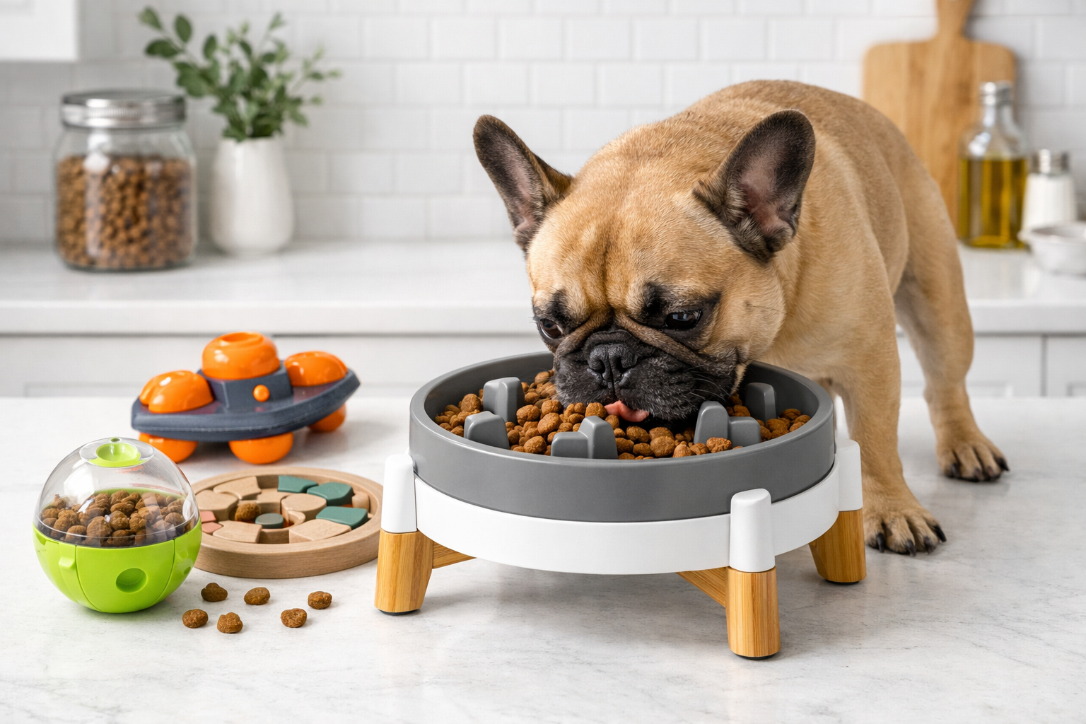 High-quality product photography showing French Bulldog eating from elevated slow-feeder bowl with puzzle toys scattered nearby, premium kib