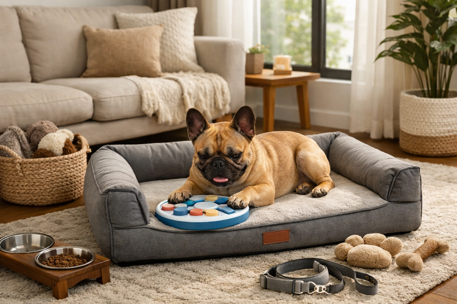 Cozy indoor scene featuring French Bulldog relaxing on orthopedic bed with interactive puzzle toy, modern apartment living room setting, sof