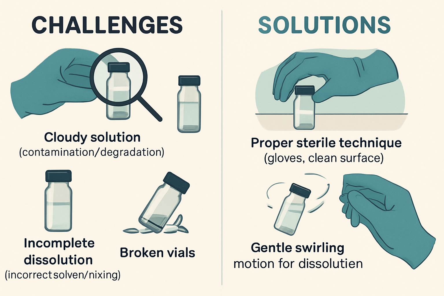 An infographic-style landscape image (1536x1024) illustrating common challenges and solutions when reconstituting research peptides like the