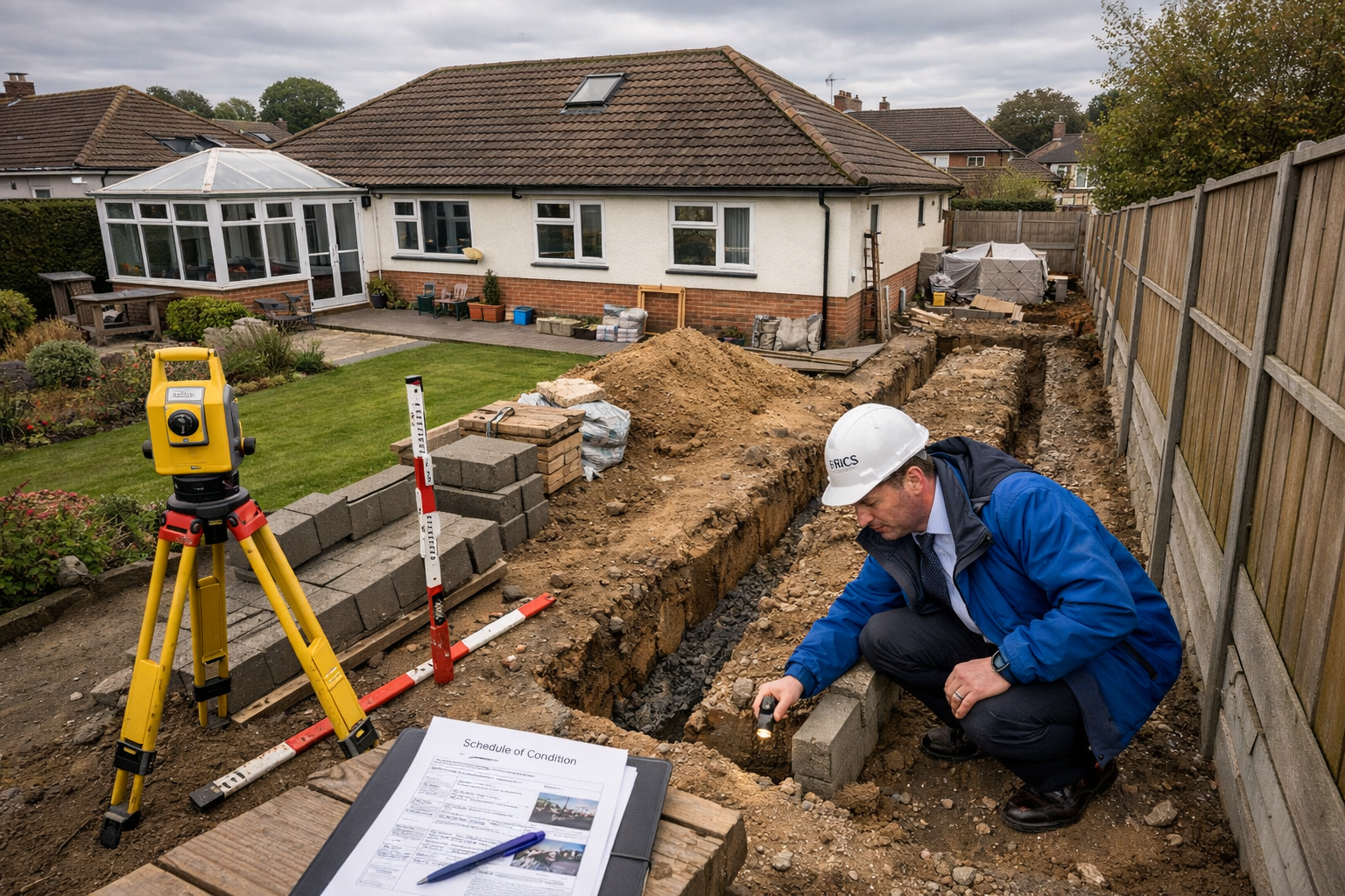 Wide-angle aerial perspective () of a traditional British bungalow garden showing a single-storey extension being built