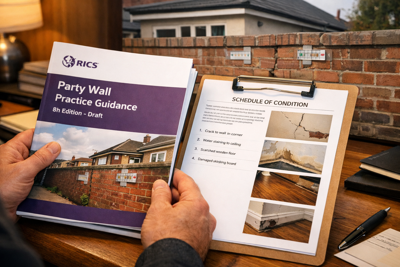 Close-up documentary-style image () of a surveyor's hands holding an open RICS Party Wall Practice Guidance document (8th
