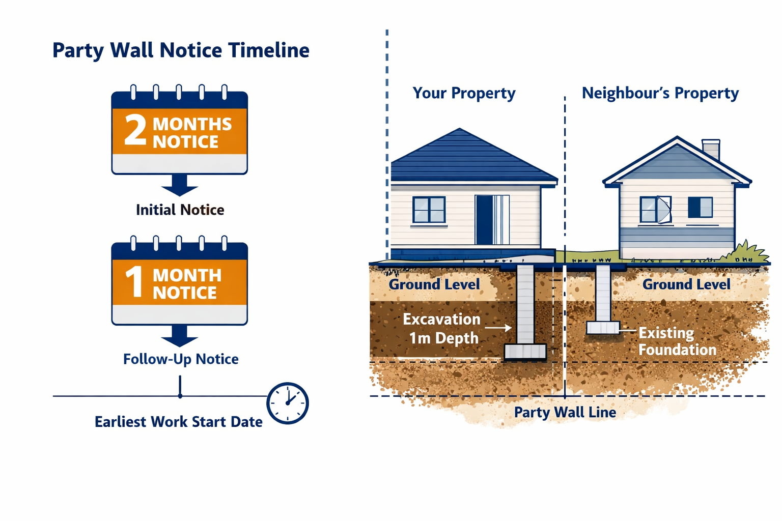 Split-composition infographic-style image () showing on the left side a timeline diagram of party wall notice periods
