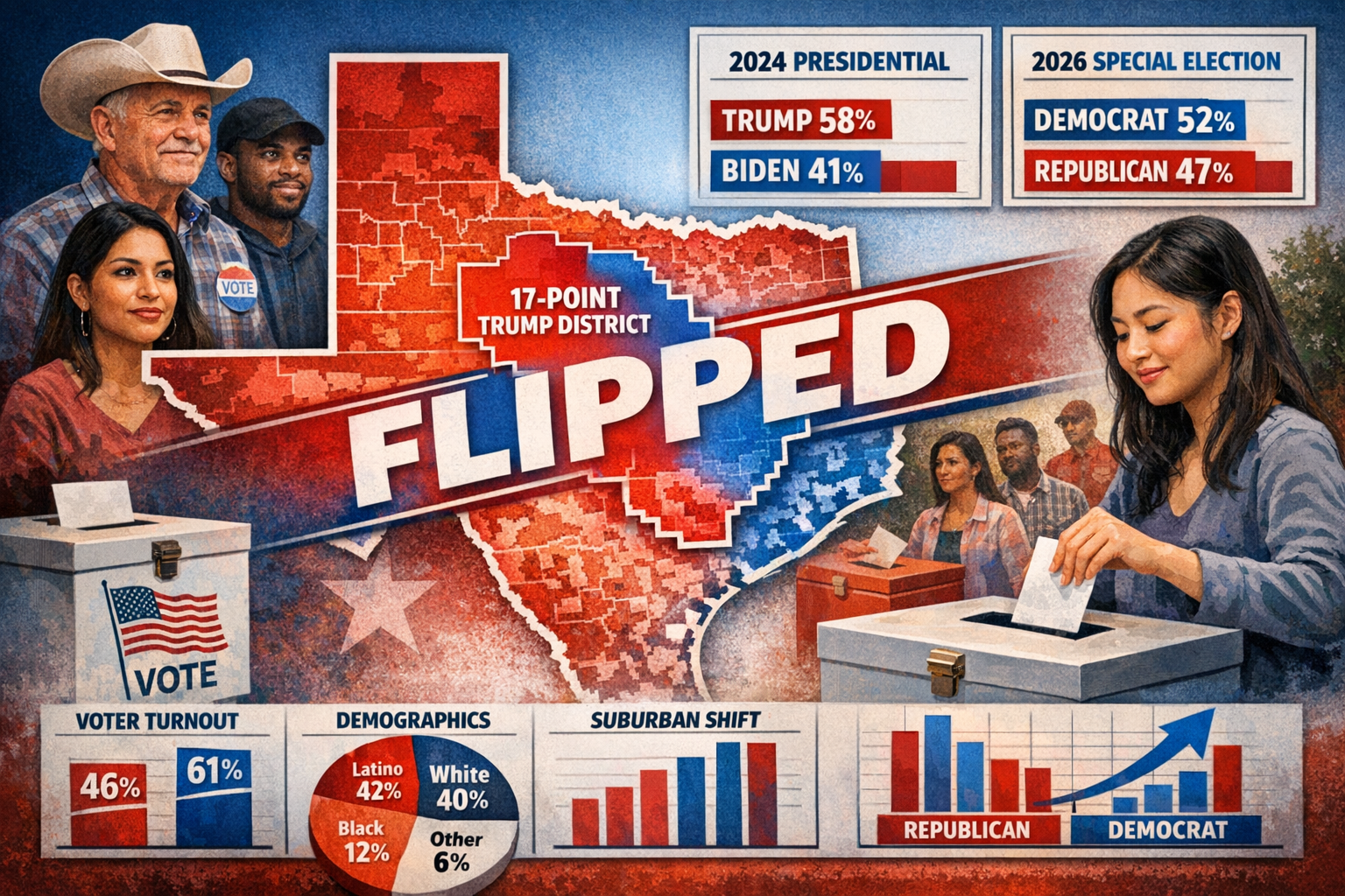 Democrat Menefee Wins Texas Special Election, Narrowing GOP House Edge 2 Detailed landscape format (1536x1024) image depicting Texas electoral map with focus on flipped state Senate district. Show Texas state outl