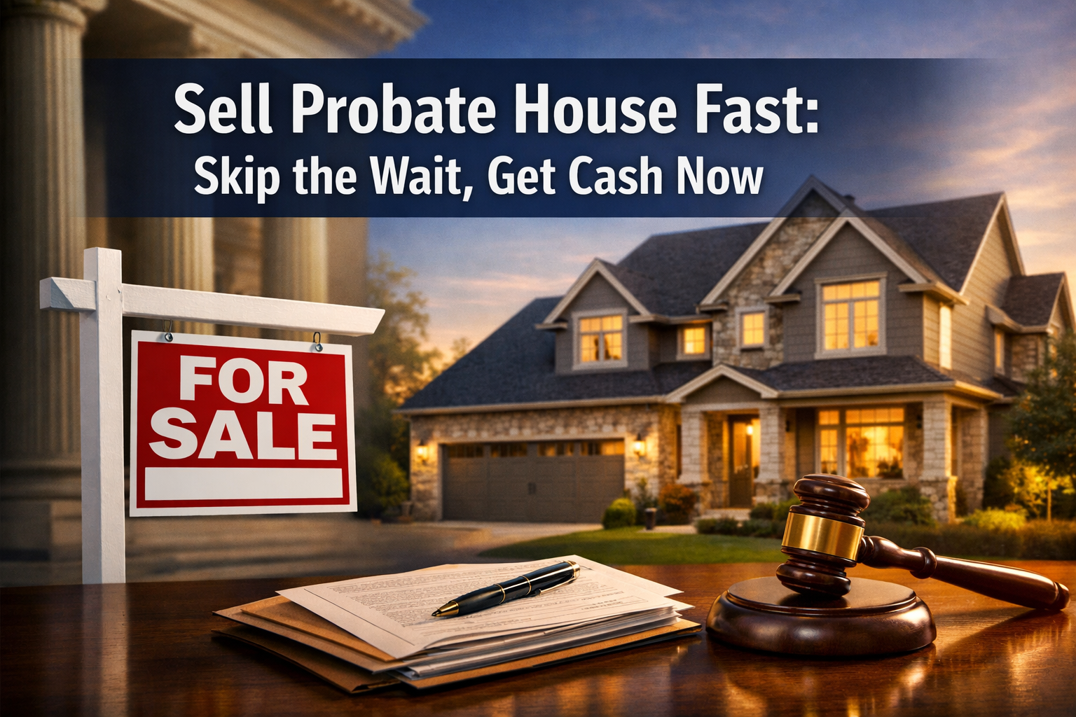 Professional landscape hero image (1536x1024) featuring bold text overlay 'Sell Probate House Fast: Skip the Wait, Get Cash Now' in extra la
