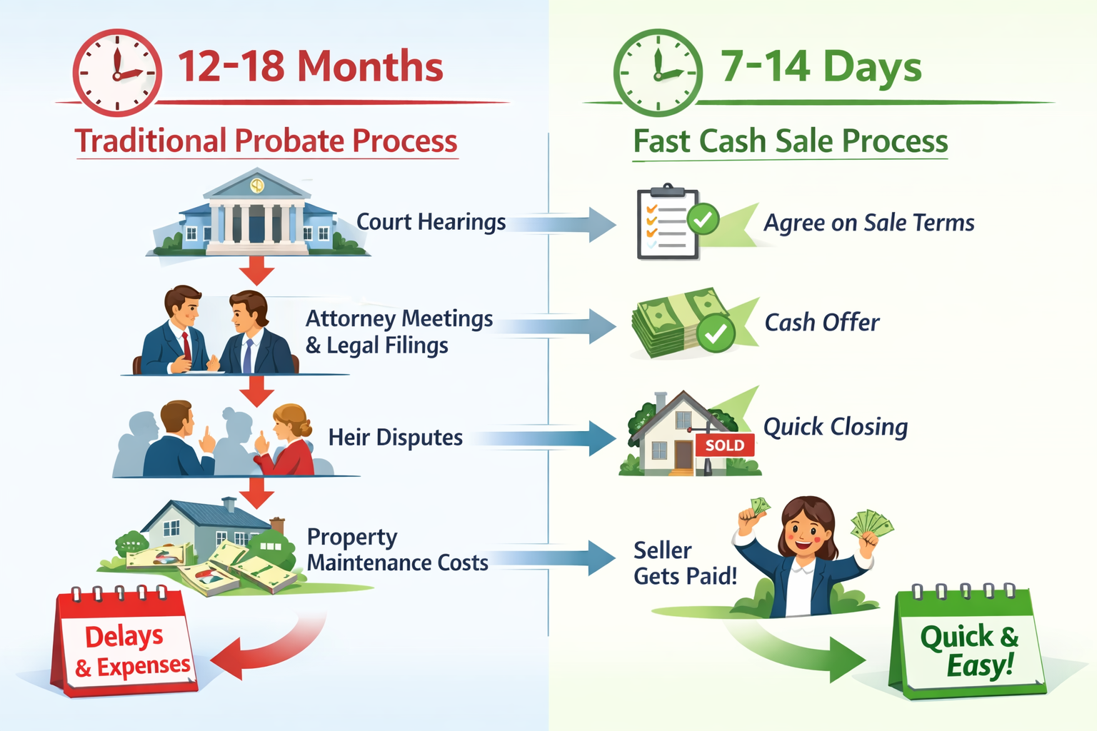 Detailed landscape infographic (1536x1024) showing probate process timeline comparison: traditional probate path on left with 12-18 month ti
