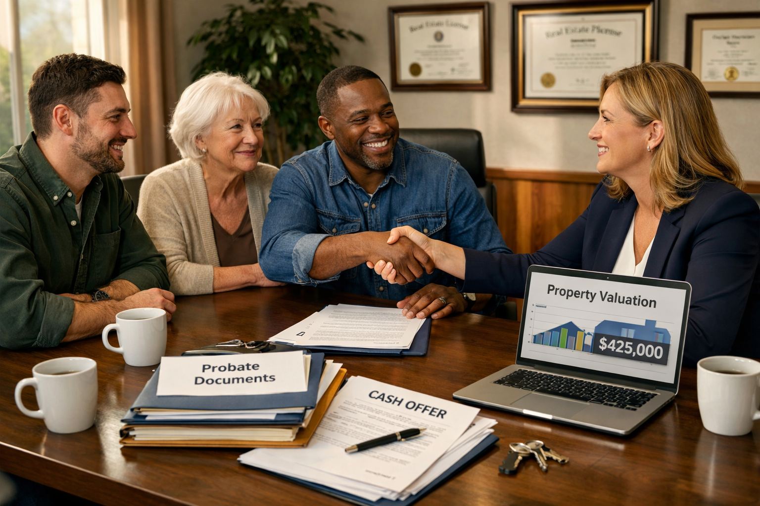 Detailed landscape photograph (1536x1024) showing professional real estate transaction scene: diverse group of heirs sitting around modern c
