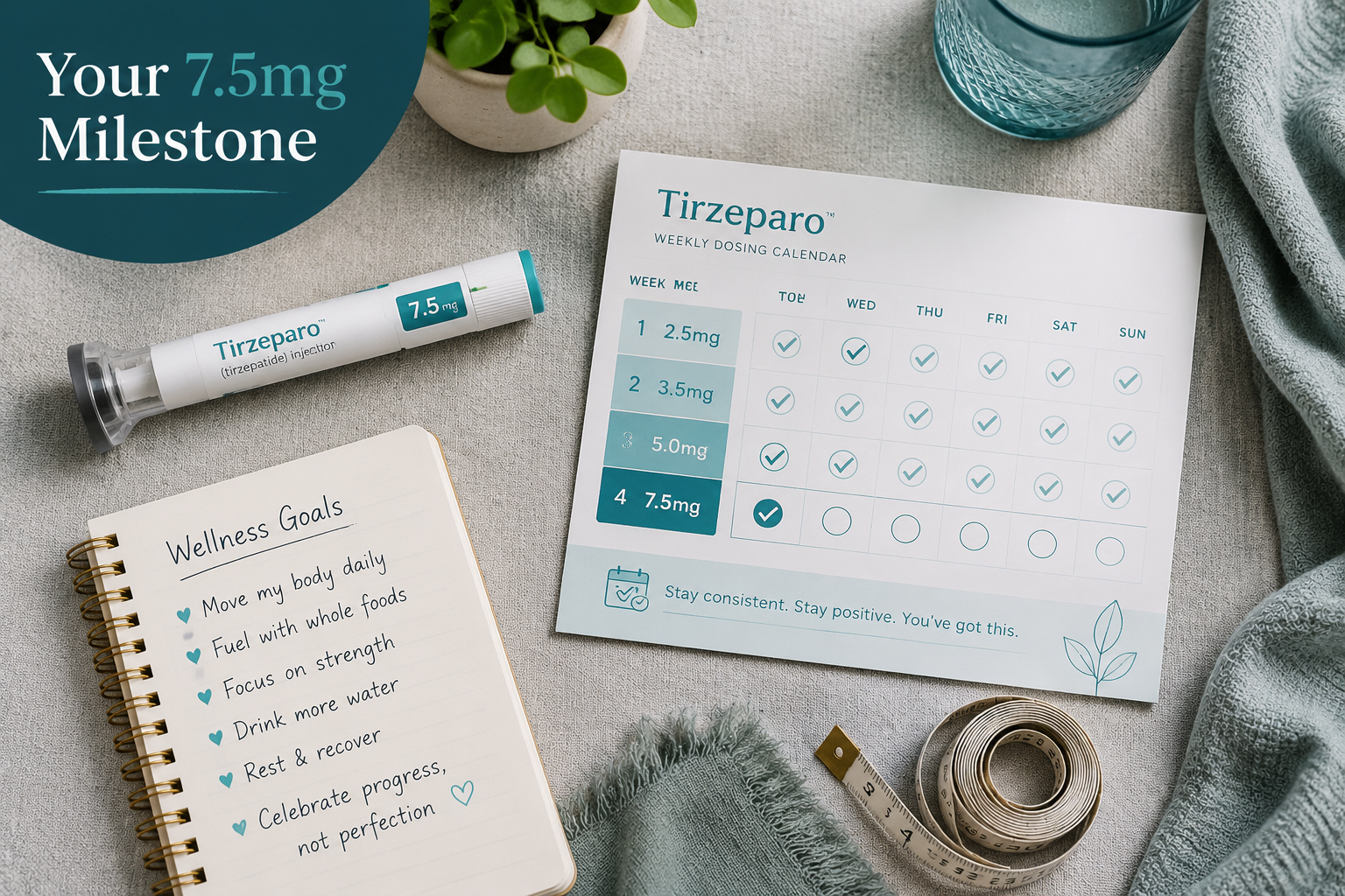 Detailed () flat-lay product lifestyle photograph showing a Tirzeparo-branded injection pen beside a weekly dosing calendar