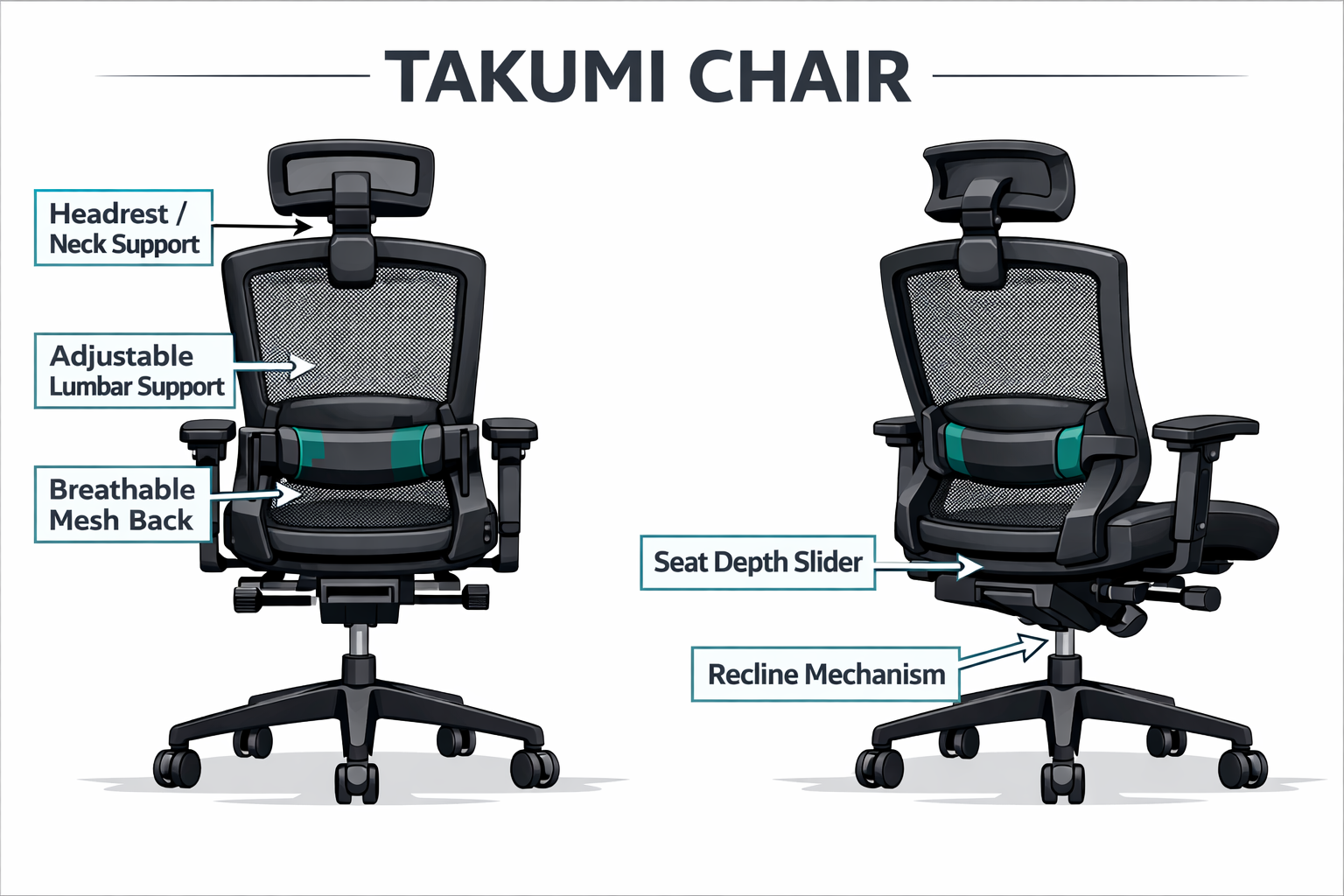 Takumi Chair Digital illustration, graphic design style, Detailed landscape format (1536x1024) infographic-style image showing a side-by-side ergonomic feature breakdown of the Takumi Chair: labeled callout arrows pointing to adjustable lumbar support, breathable mesh back, headrest/neck support, seat depth slider, and recline mechanism. Clean white background with charcoal and teal accent colors, bold sans-serif labels, professional product illustration style, technical diagram aesthetic, no people, focused on chair anatomy.