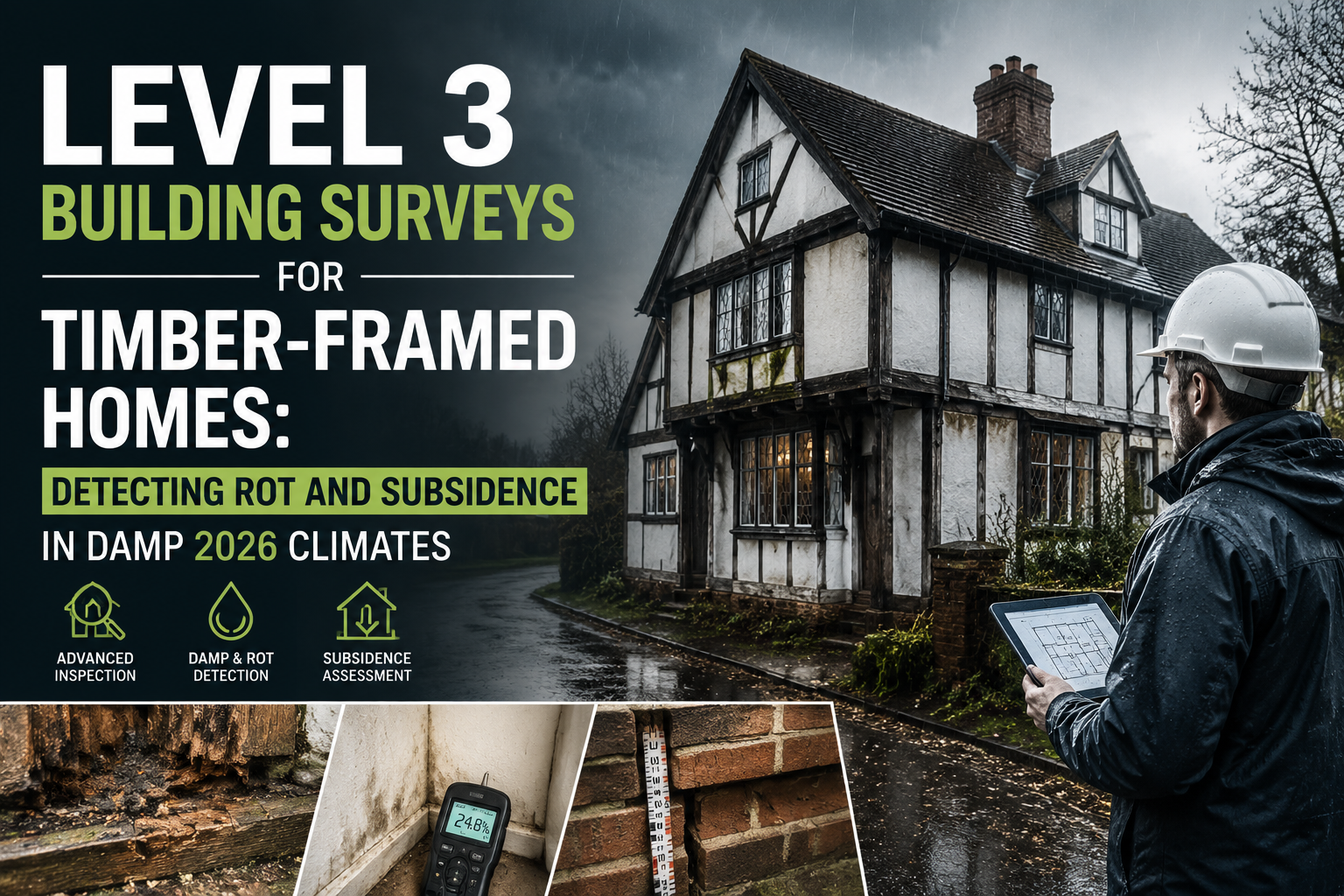 Professional landscape hero image () with : "Level 3 Building Surveys for Timber-Framed Homes: Detecting Rot and Subsidence