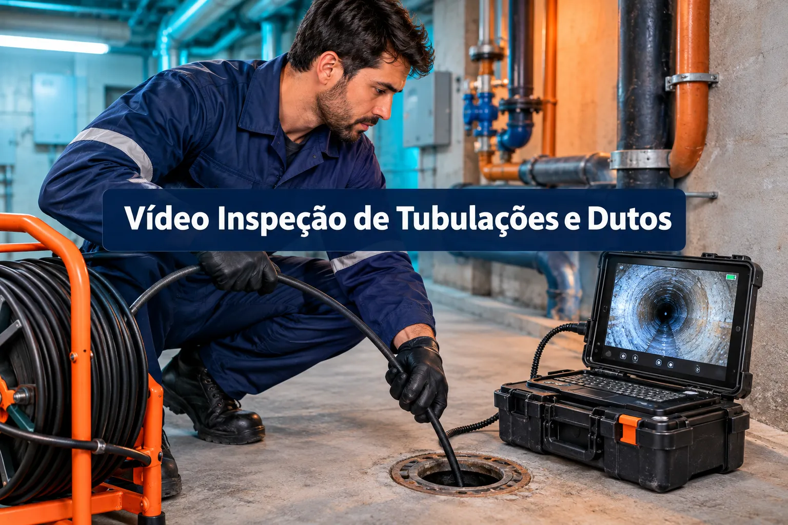 Professional () hero image with SHORT (≤42 chars): 'Vídeo Inspeção de Tubulações e Dutos', white on a dark navy
