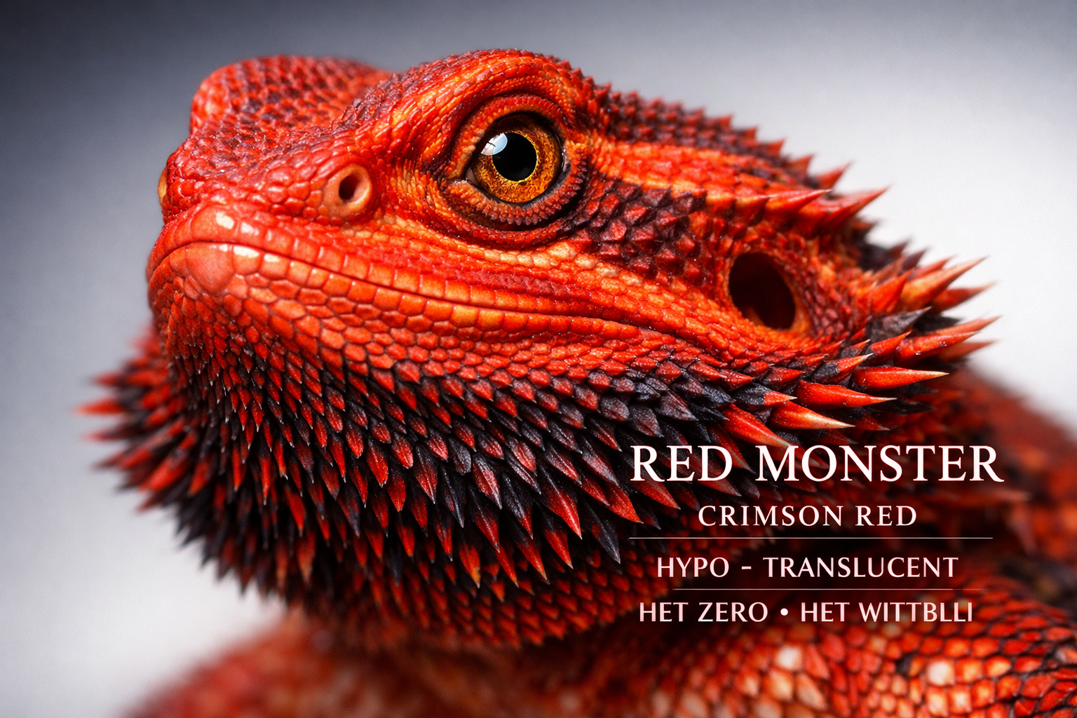 Close-up portrait of a vibrant red bearded dragon showing detailed crimson and orange scale patterns, alert amber eyes, and distinctive bear