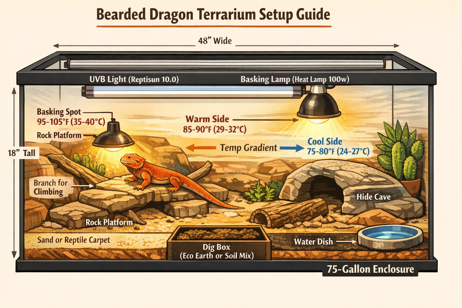 Interactive terrarium setup guide showing proper red bearded dragon habitat requirements. Cutaway view of a 75-gallon enclosure with labeled